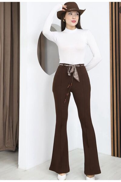 FEMİNEER.com Women's Brown Stylish Belted Trousers