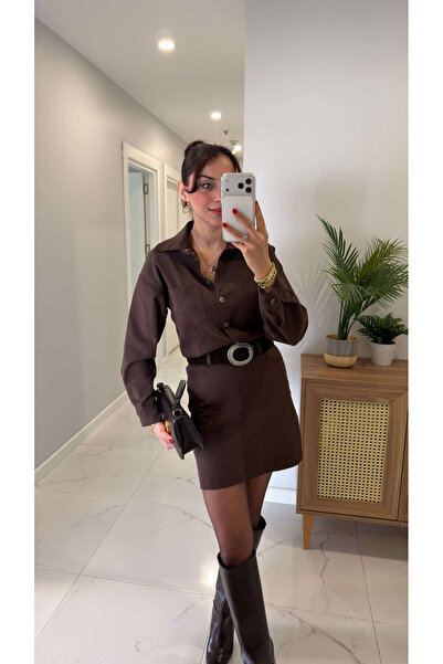 BİRCANÇİL Yanwi Kahve Premium Buttoned Belt Detailed Dress