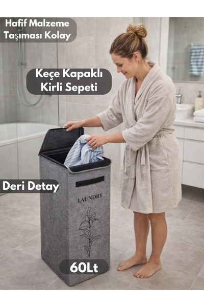 PONÇİK BEBEK Dirty Laundry Basket with Felt Lid Multi-Purpose Organizer Foldi...