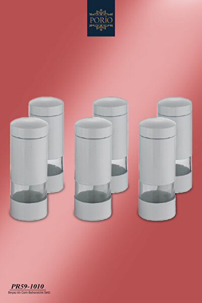 Porio طقم علب توابل معدنية بيضاء بغطاء زجاجي مكون من 6 قطع PR59-1010