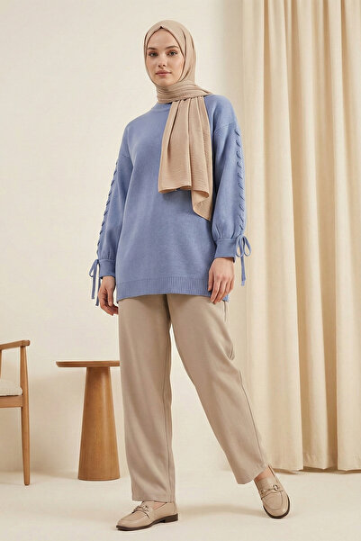 MODAQU Knitted Detailed Knitwear Tunic with Sleeve Detail - Indigo