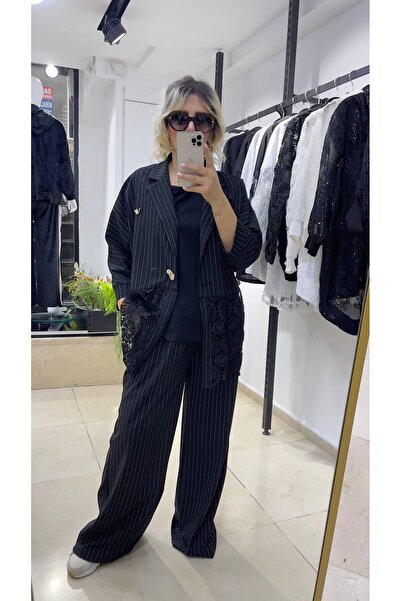 Butik Günay Tüfekçi Çizgili Dantelli Takım Elbise