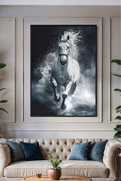 ARTAN GALLERY İtalyan Kadife Beyaz At Duvar Tablosu | Yağlı Boya Görünümlü | ...