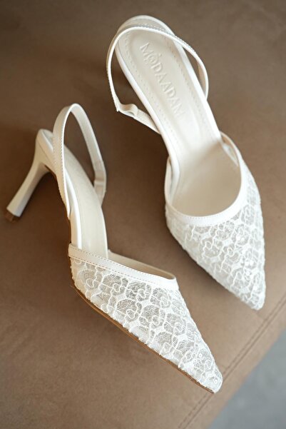 MODAADAM Women's Lucco Sequined Lace Heeled Shoes - White