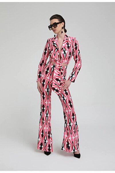 codemark طقم سترة نسائية منقوشة بياقة وسترة قصيرة وبنطلون واسع الأرجل