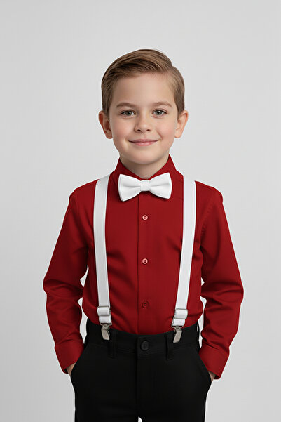 Merdia Kids Boy's Long Sleeve Red Shirt and White Suspender Bow Tie Set