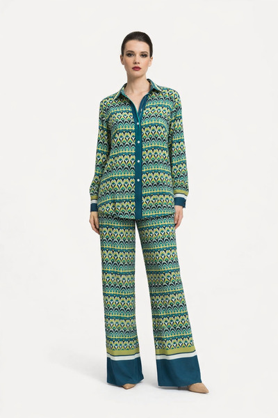 codemark Women's Patterned Buttoned Shirt Collar Pants Set