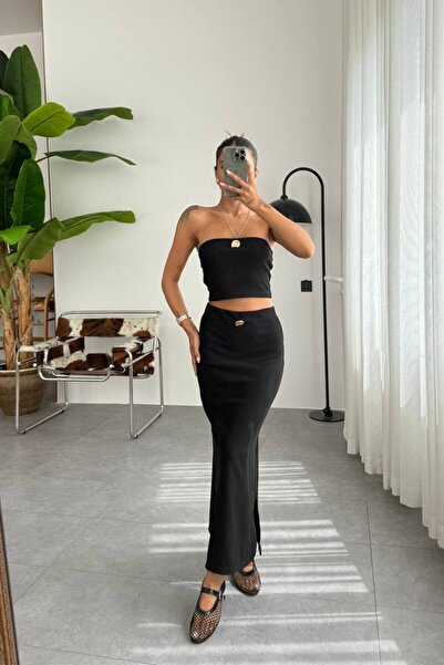 Mzr Collection Women's Buckle Detail Strapless Blouse and Skirt Set 2 Pieces