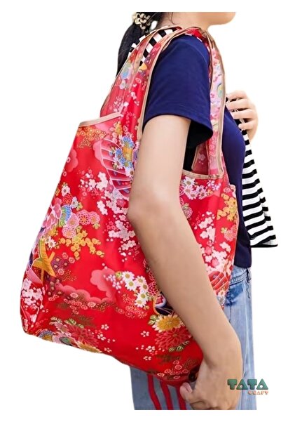 TATA CRAFT Katlanabilir Bez Alışveriş Çantası Polyester Yıkanabilir Omuz Çantası