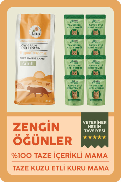 kito Kuzu Etli Yetişkin Kedi Maması 2 Kg + 8 Adet Fresh Tavuk Etli %100 Taze ...
