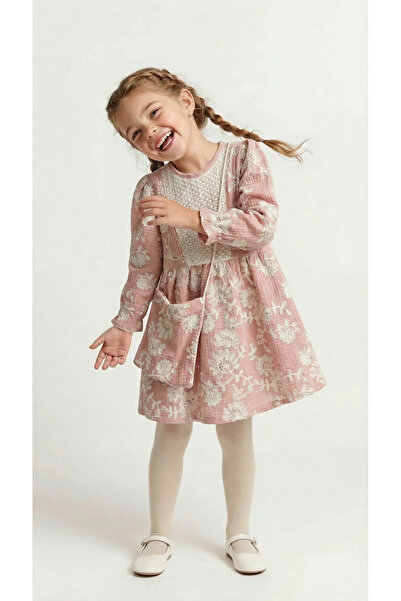 Minoviababykids Çantalı Pudra Çiçek Nakışlı Kız Çocuk Elbise