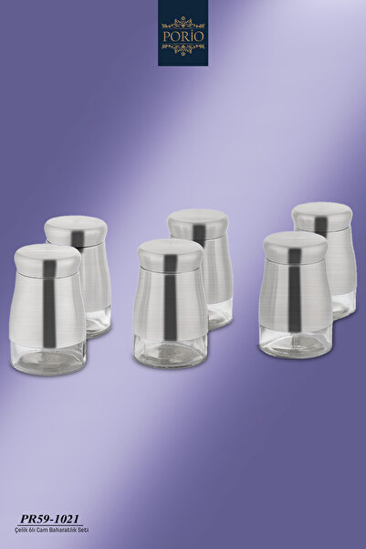 Porio طقم علب توابل معدنية من الستانلس ستيل مع أغطية زجاجية، 6 قطع PR59-1021