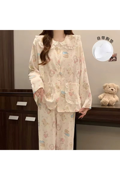 delis Women's pajamas with high collar, two-piece, PJ011, Beige