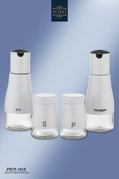 Porio 4-Piece Glass White Metal Oil Bottle, Vinegar Bottle, Salt and Pepper S...