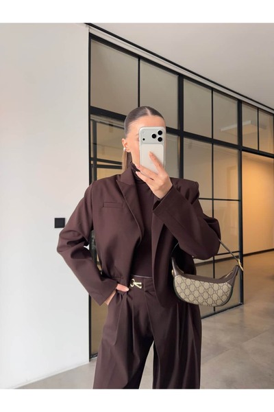 BB Bensu Buyruk Gold Accessoried Palazzo Crop Jacket Suit Brown