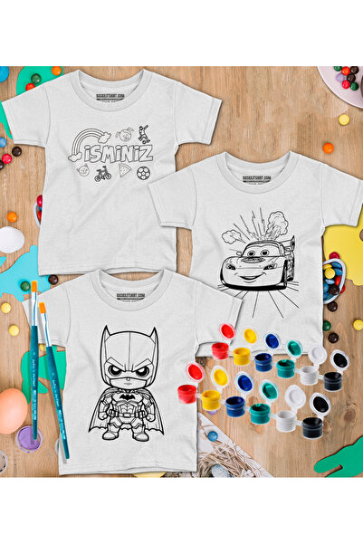 BaskılıTshirt İsim Yazılan 3 Tişörtlü Boyama Seti – Çocuk Full Set Fırçalı, K...