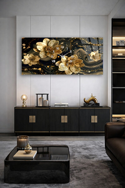 Olinpa KIRILMAZ CAM DUVAR SAATİ , HEM TABLO HEM SAAT ALTIN ÇİÇEKLİ LÜKS SOYUT...