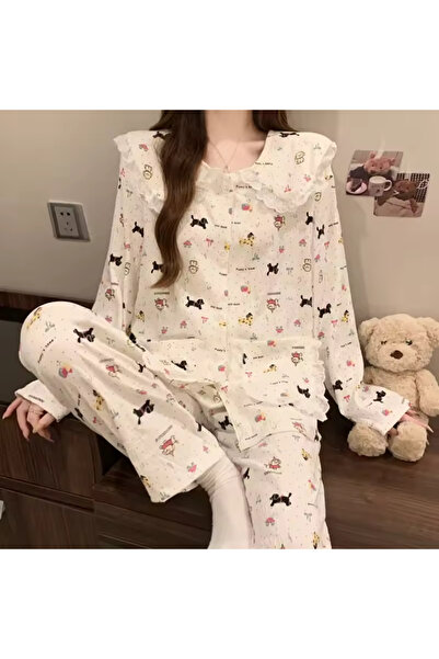 delis Women's pajamas with high collar, two-piece, PJ012, Beige