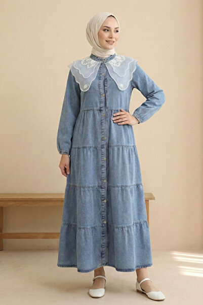 Kirazgym Women's Tulle Detailed Collar Hijab Denim Dress - Ice Blue