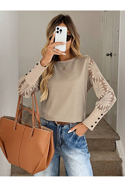 JANES Women's Waffle Fabric Crew Neck Stylish Blouse with Floral Lace Detail ...