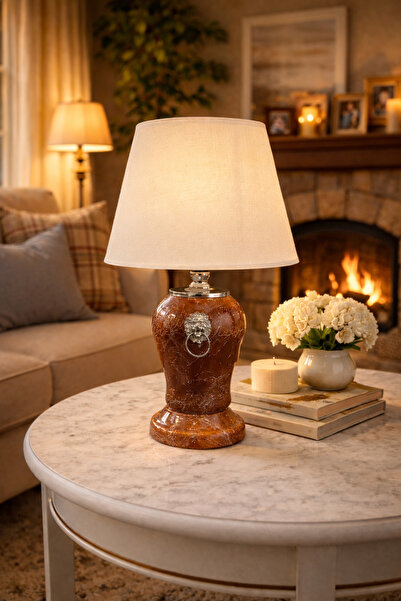 ferayhome Abajur Aydınlatma Şah Aslanlı Açık Kahverengi Gümüş Mermer Beyaz Şa...