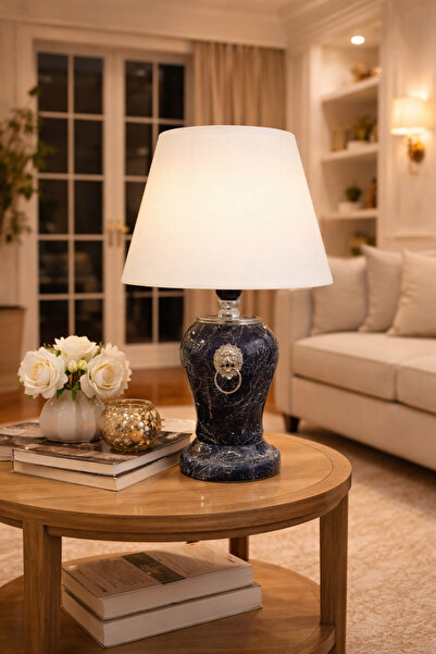 ferayhome Abajur Aydınlatma Aslanlı Şah Lacivert Mermer Beyaz Şapka GÜMÜŞ - F...