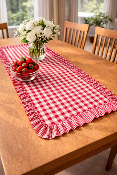 ŞAH TEXTILE DESIGN Kırmızı karma pötikareli fırfır detay vintage runner