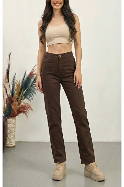 NWC Women's Brown High Waist Stretch Fabric Mom Jeans Denim Jeans Trousers