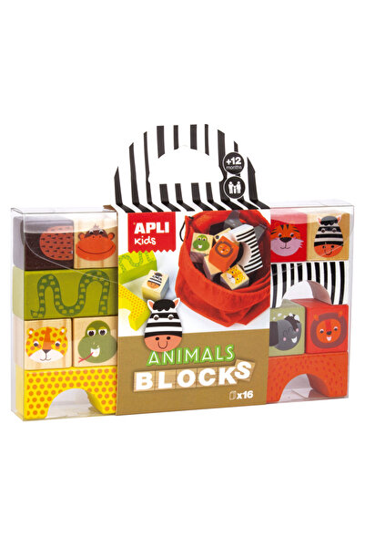 Apli Kids Building set with 16 wooden cubes and a fabric storage bag - Animals