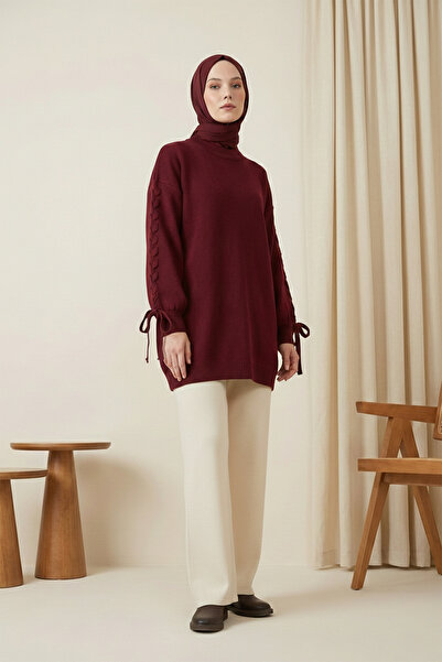 MODAQU Knitted Detailed Knitwear Tunic with Sleeve Detail - Claret Red
