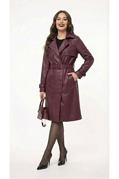 Koza Butik Women's Leather Belted Unlined Trench Coat 2500-26-1 (18018)