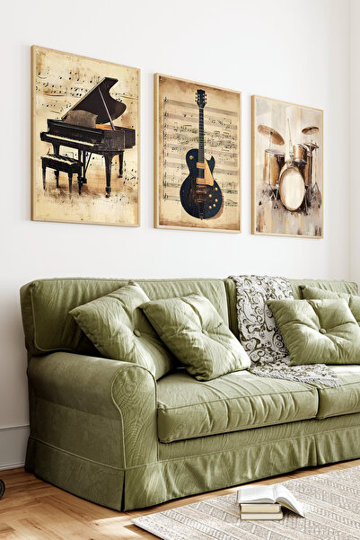 kutuTR Ahşap Çerçeveli 2D UV Baskı 3'lü Tablo set–Piyano Gitar Ve Davul Temal...
