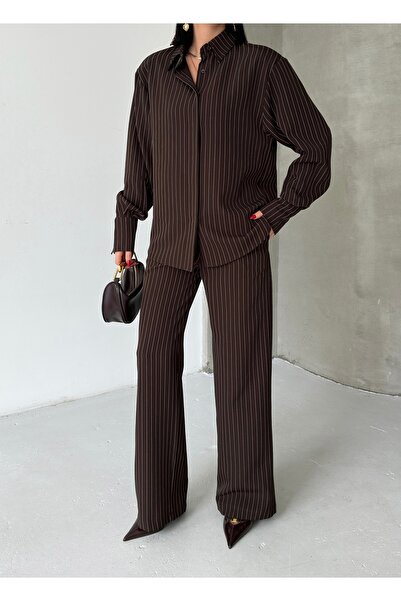 AYKA WEAR قميص نسائي مخطط باللونين الأسود والأبيض وطقم مكون من قطعتين بنطلون ...