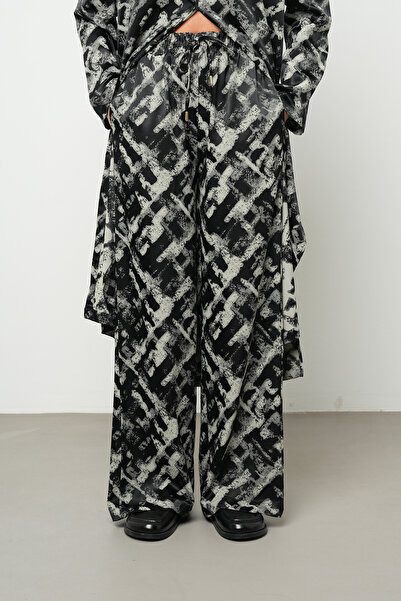 Orfeo Negro Women's Black Monochrome Line Patterned Silky Satin Look Palazzo ...