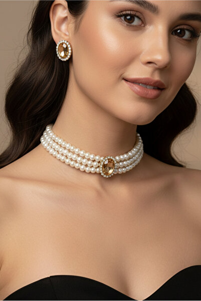 Happyline Bal Oval Taşlı Choker Kolye Küpe Takım Tasma Kolye Cam İncili Gold ...