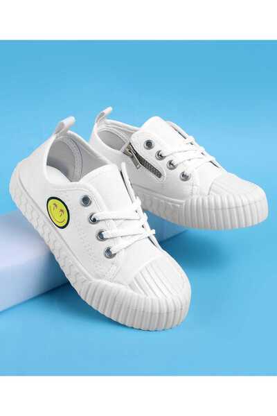 Pine kids Lace Ups Casual Shoes With Smile Print - White