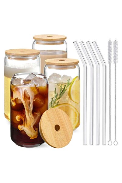 trendyhome Set of 4 Borosilicate Glasses with Bamboo Lid and Straw