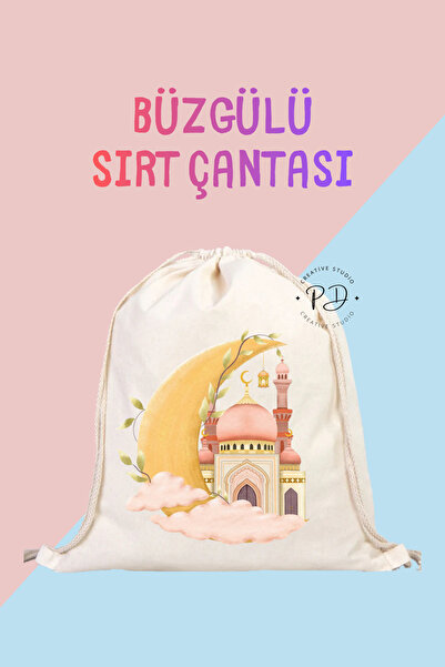ÇANTA Colorful Crescent and Mosque Themed Drawstring Linen Backpack