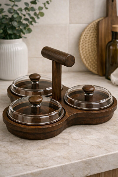 DİVAYS Kapaklı 3 Bölmeli Akasya Ahşap Sunumluk | Mika Kapaklı Kuruyemiş ve Lo...