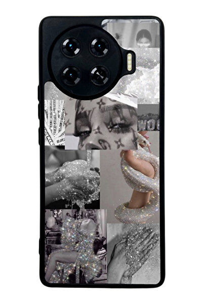 Spoyi Tecno Spark 20 Pro Plus Silver Sticker Tasarımlı Glossy Telefon Kılıfı