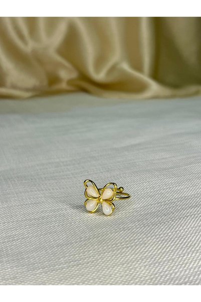 D&Z ACCESSORİES 2-Piece Gold Ring |   White Natural Stone Vintage Look Butterfly & Round Stone Motif Ring