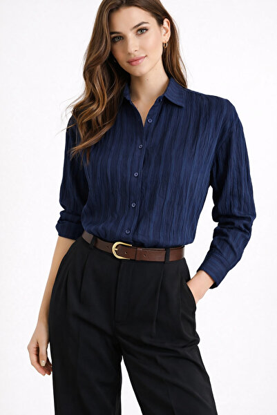 Nuevo Kadın Lacivert Dokulu Kumaş Önü Düğmeli Hafif Transparan -ŞIK -