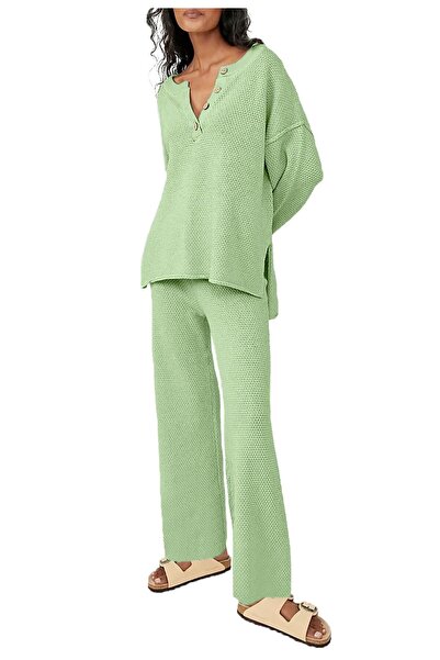 Nobrand Women's Knitwear Set, Blouse and Wide Leg Pants – Green Color