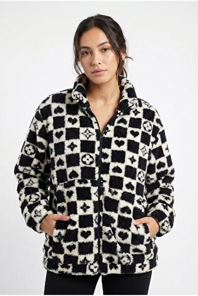 MBEY1989 Women's Patterned Zippered Wellsoft Black and White Fleece