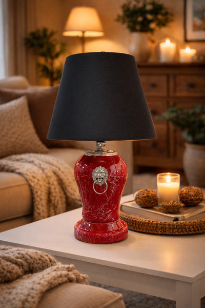 ferayhome Abajur Aydınlatma Aslanlı Şah Kırmızı Mermer Siyah Şapka GÜMÜŞ - Fe...