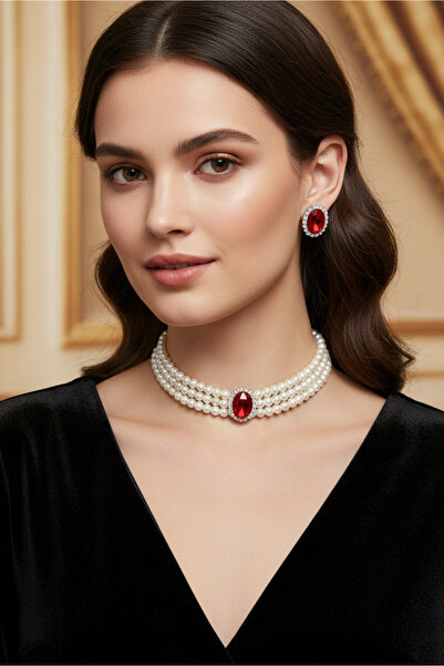 Happyline Kırmızı Oval Taşlı Choker Kolye Küpe Takım Tasma Kolye Cam İncili G...