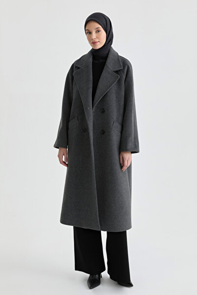 Tuğba Kruvaze Düğmeli Kaban - Antrasit