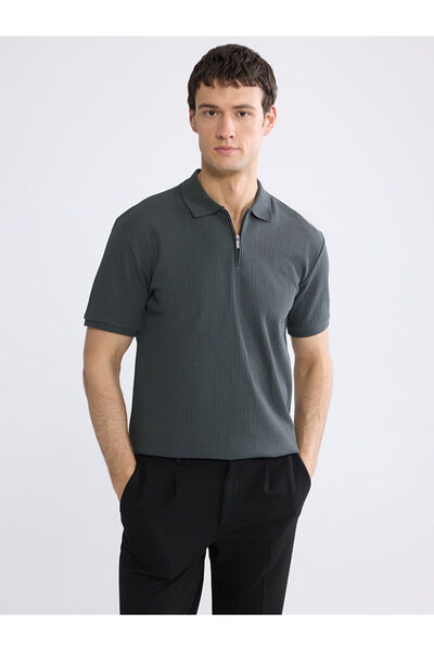 LC Waikiki Ανδρικό πλεκτό μπλουζάκι Petrol Polo Yaka με κορδόνια