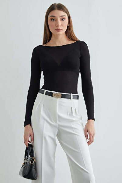 Fulla Moda Διαφανής μπλούζα με λαιμόκοψη καγιάκ