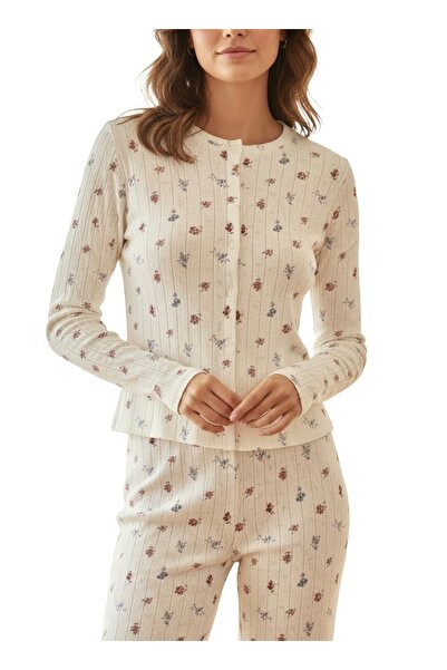 Merlot 100% Cotton Floral Printed Pointelle Buttoned Pajama Top